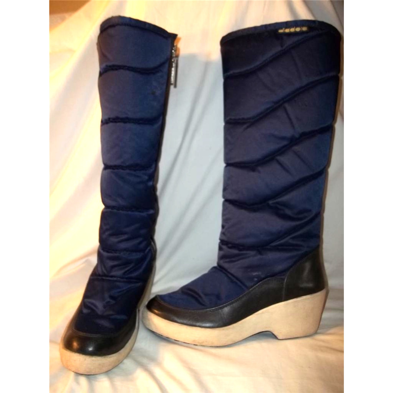 Vintage Diadora 70's Navy Blue Fabric & Leather Wedge Heel Lined Snow Boots 37 A